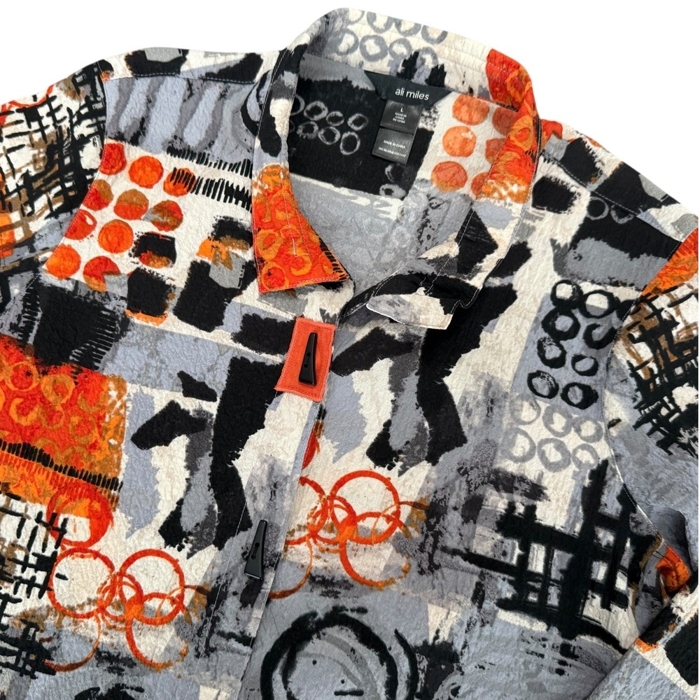 Ali‎ Miles Orange Black Abstract Print Artsy Boho Lagenlook Button Top Blouse L